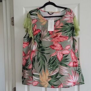 BloomChic Tropical Floral Blouse with Green Lace Sleeves